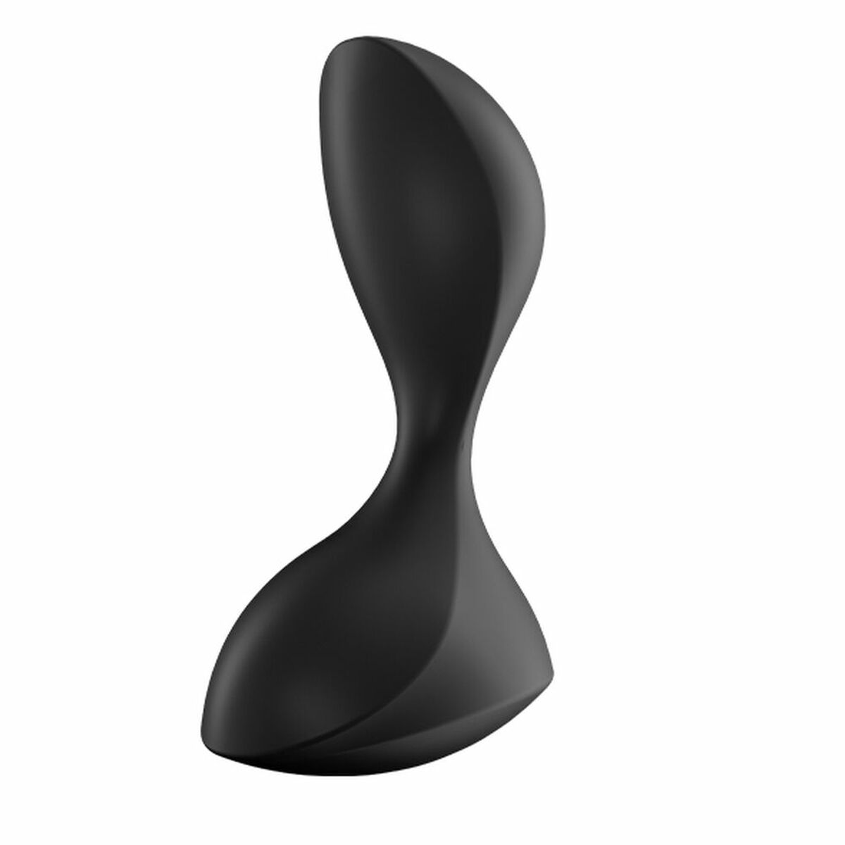 Eine schwarze, abstrakte Skulptur mit sanften Kurven, die an einen stilisierten Tropfen oder eine Figur erinnert, auf weißem Hintergrund.