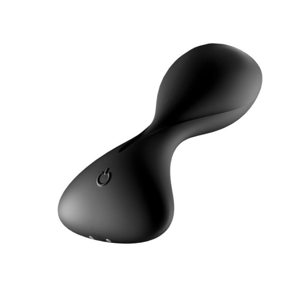 Ein schwarzes, glattes, ergonomisches Gerät. Es hat einen Power-Knopf mit einer geschwungenen Linie und drei kleinen Punkten.