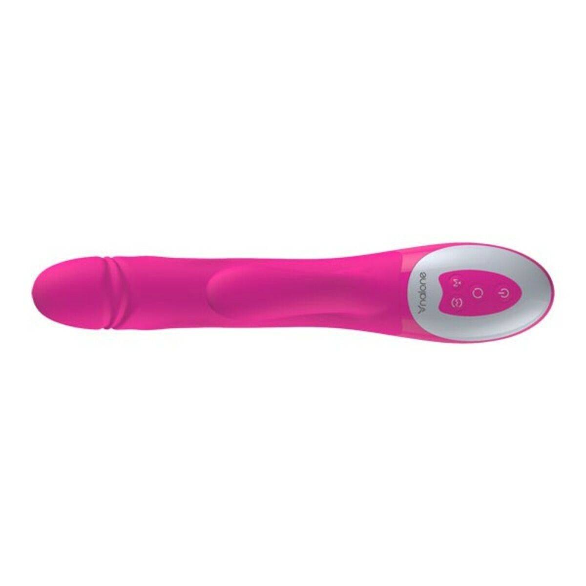 Un vibrador rosa con cabeza redondeada y botones. El mango tiene forma curva y el dispositivo está sobre un fondo blanco.
