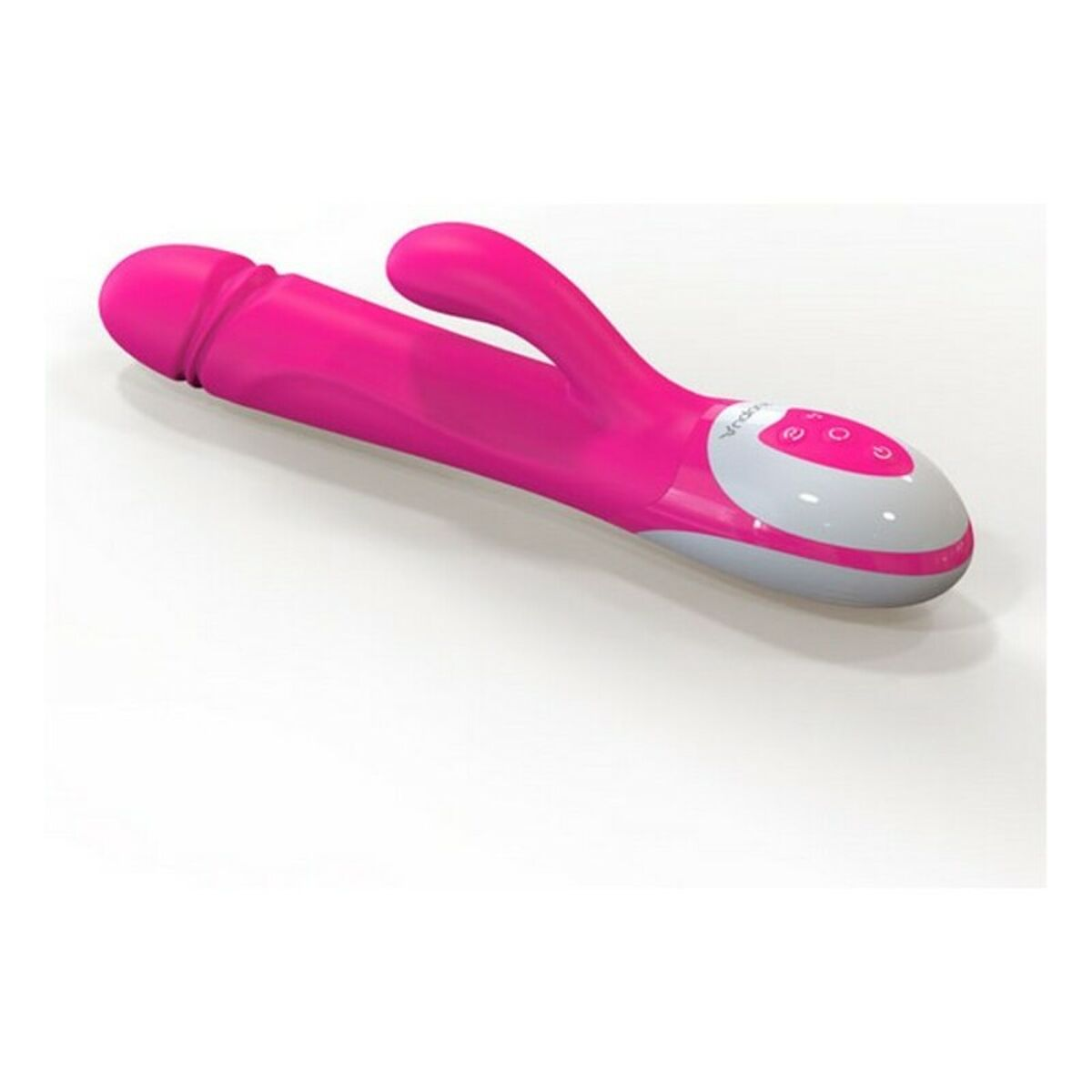 Un vibrador rosa con mango curvo y botones de control sobre un fondo blanco.