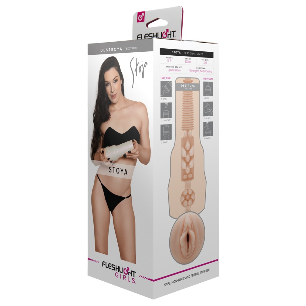 Frau hält ein Fleshlight-Produkt. Die Verpackung zeigt Diagramm und Text, einschließlich 'STOYA' und 'FLESHLIGHT'.