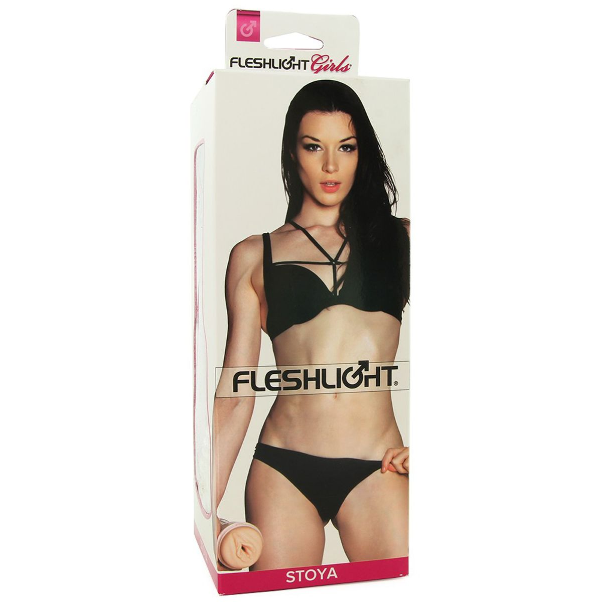 Auf der Verpackung ist eine Frau in Unterwäsche abgebildet. Das Produkt ist ein Fleshlight. Der Text lautet 'Fleshlight Girls' und 'Stoya'.