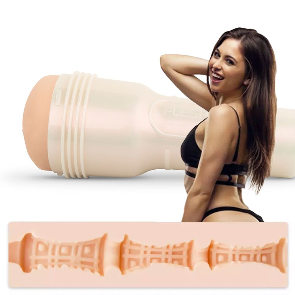Das Bild zeigt eine Frau in Unterwäsche, ein Sexspielzeug und eine Nahaufnahme des Innenraums des Spielzeugs.