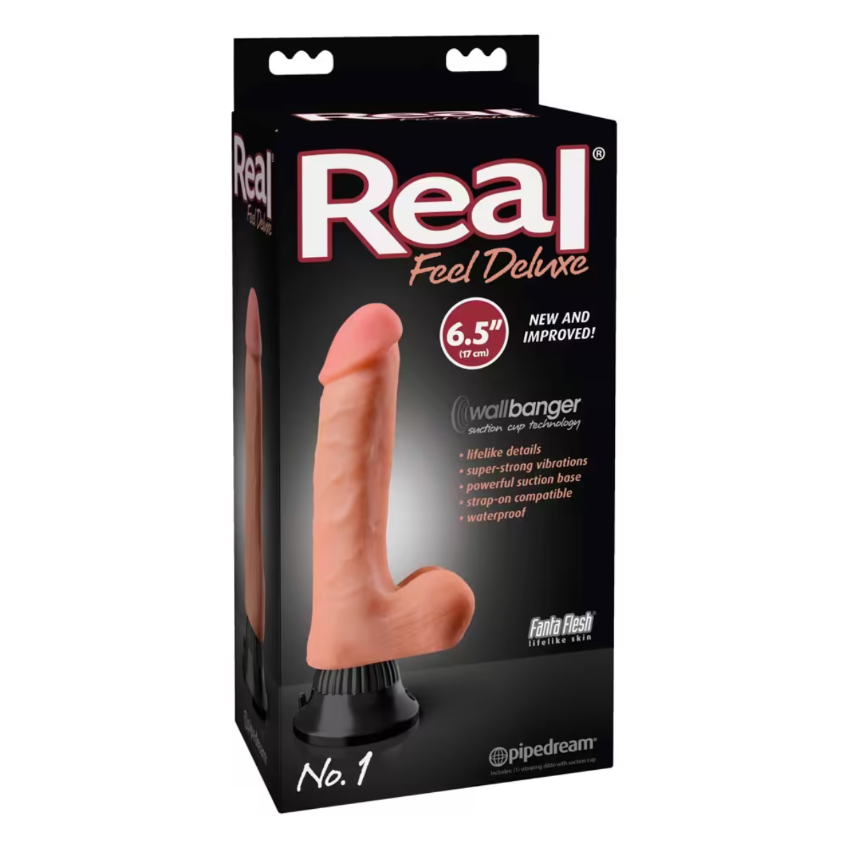 Eine Produktverpackung zeigt ein Sexspielzeug, einen realistischen Dildo. Die Schachtel ist schwarz mit dem Wort "Real" in Rot und Rosa.