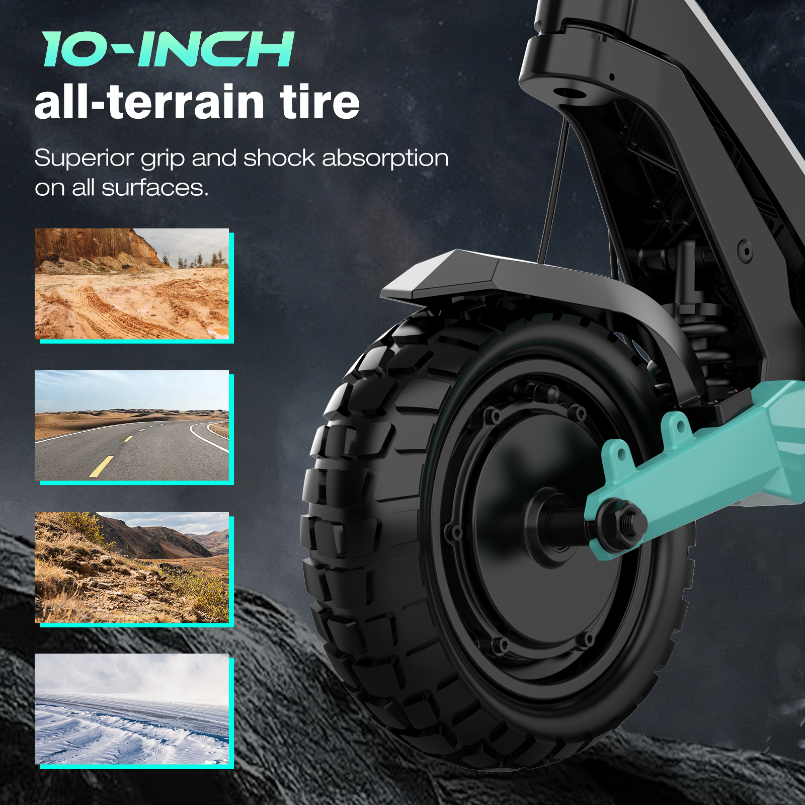 Black all-terrain tire on a scooter. Text reads: 10-inch all-terrain tire, superior grip and shock absorption.