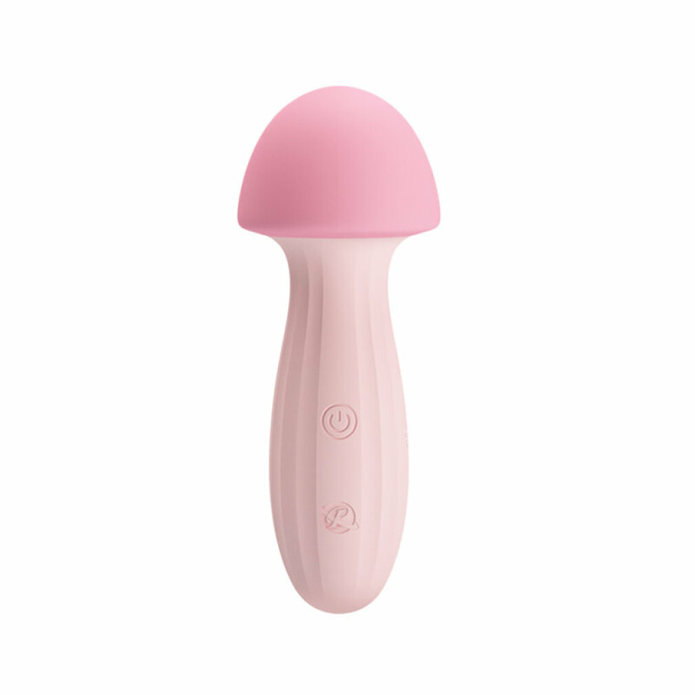 Ein rosa pilzförmiges Sexspielzeug. Es hat einen abgerundeten Kopf und einen gerippten Griff mit Power- und Logo-Tasten.