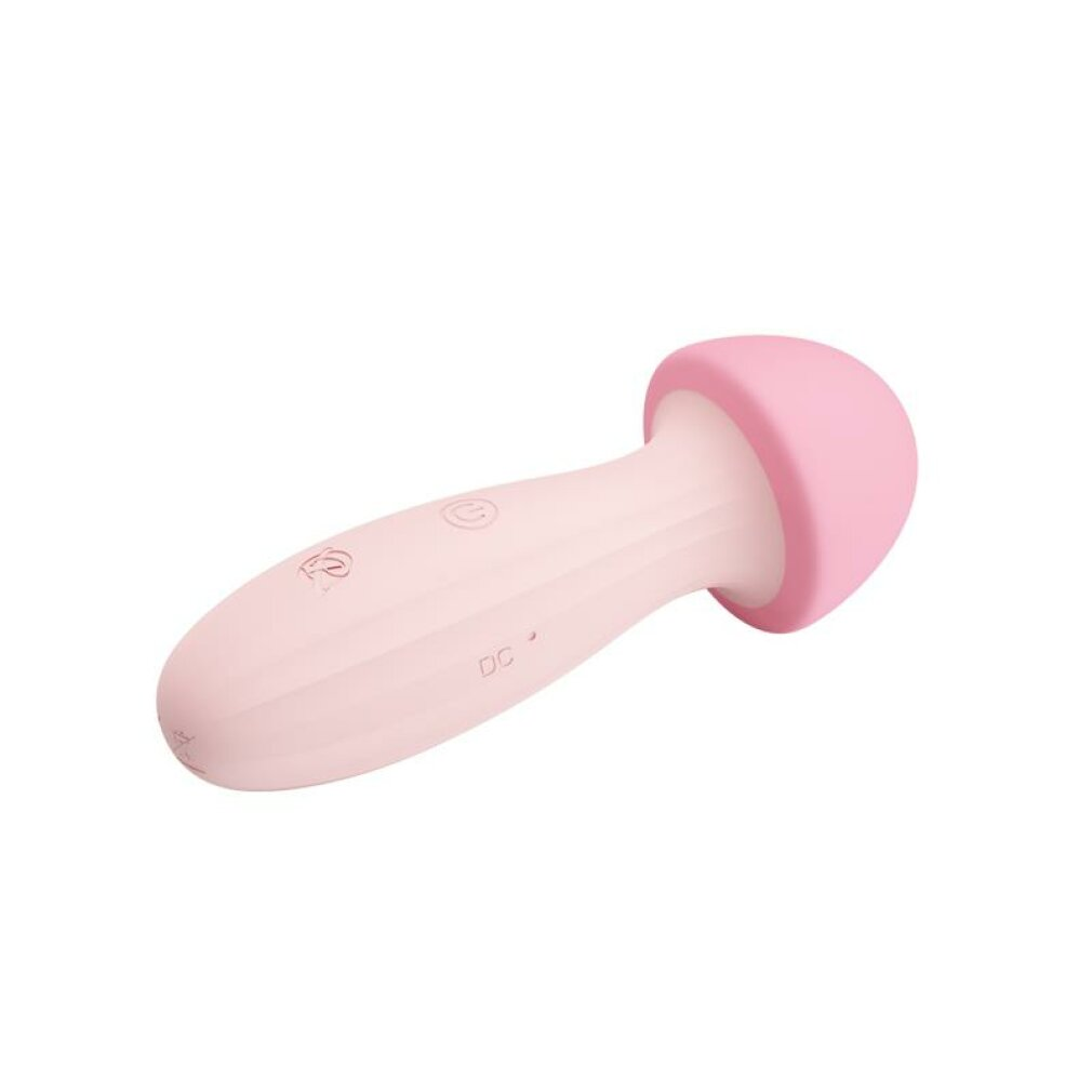 Ein rosa Sexspielzeug mit pilzförmigem Kopf. Es hat einen abgerundeten Griff mit Knopfsymbolen und den Buchstaben "DC".