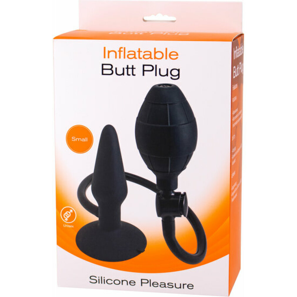 Eine Schachtel mit einem aufblasbaren Buttplug. Der Plug ist schwarz und hat eine Birne und eine konische Form. Die Schachtel ist weiß und orange.