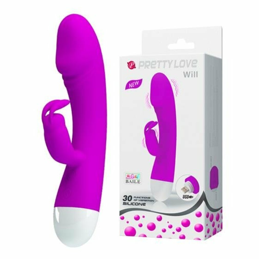 Ein lila Sexspielzeug mit weißem Sockel. Daneben eine Schachtel mit dem Bild des gleichen Spielzeugs.
