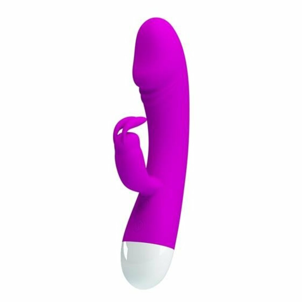 Ein lila Vibrator mit Hasenohren und weißer Spitze. Er steht aufrecht vor weißem Hintergrund.
