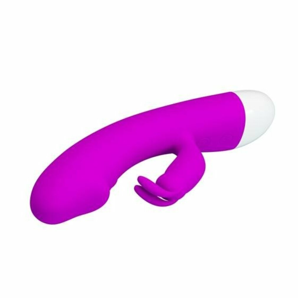 Ein lila Vibrator mit weißer Spitze und geschwungenem Design mit ringförmigem Aufsatz.