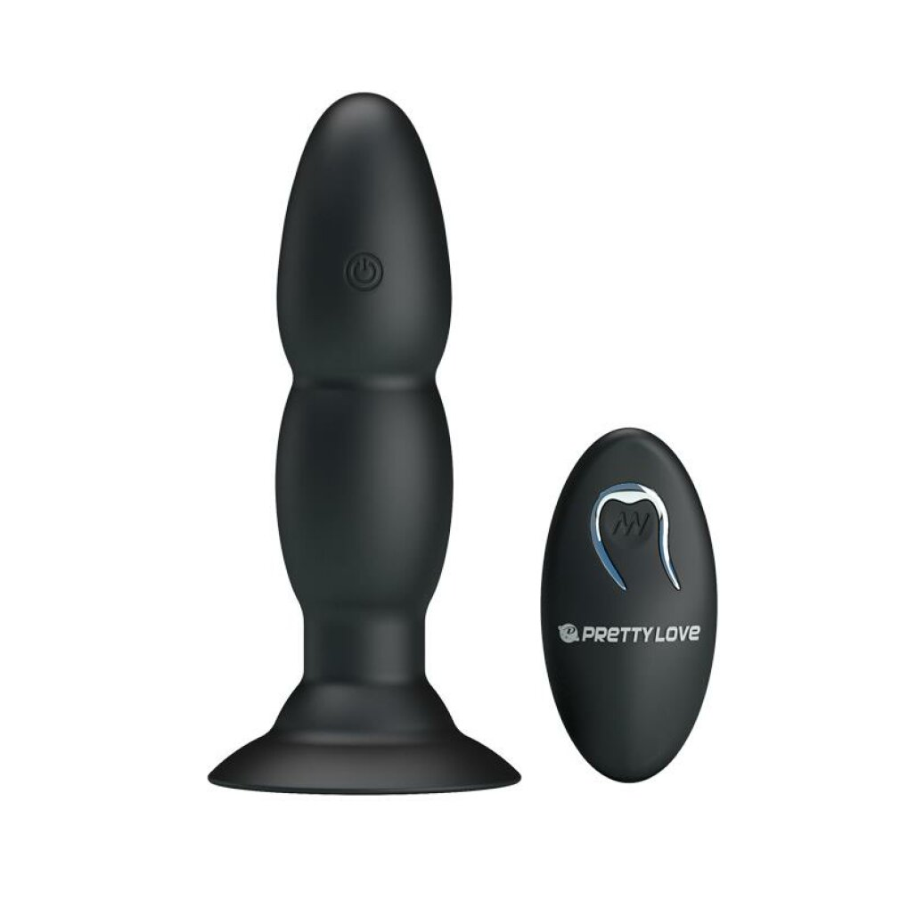 Ein schwarzes Sexspielzeug und eine Fernbedienung, beide mit dem Pretty Love Logo.