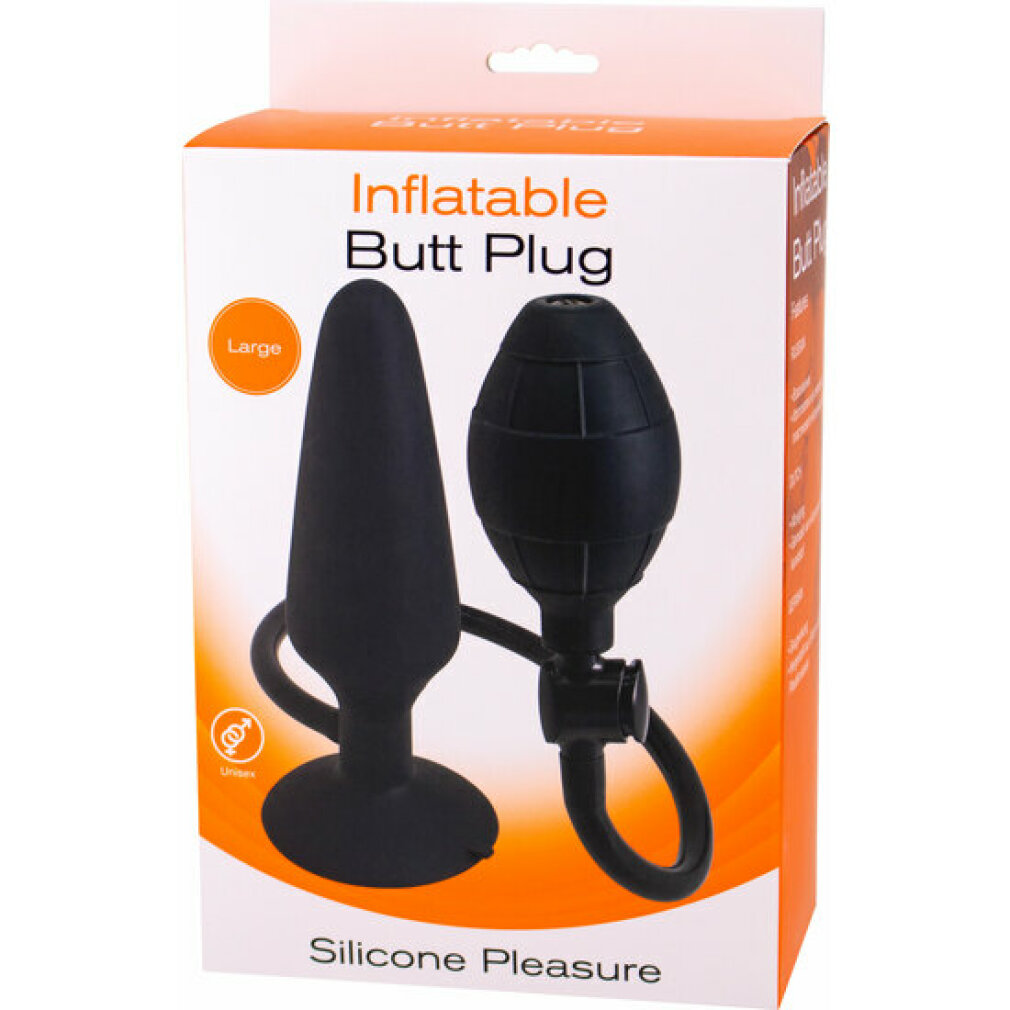Eine Schachtel mit einem schwarzen aufblasbaren Analplug. Die Schachtel ist weiß und orange, mit den Worten 'Inflatable Butt Plug' darauf.