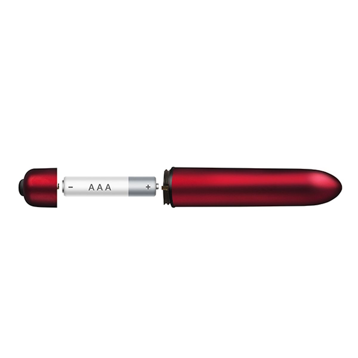 Ein roter Vibrator ist zerlegt und zeigt eine AAA-Batterie. Die Batterie befindet sich zwischen zwei roten Teilen.