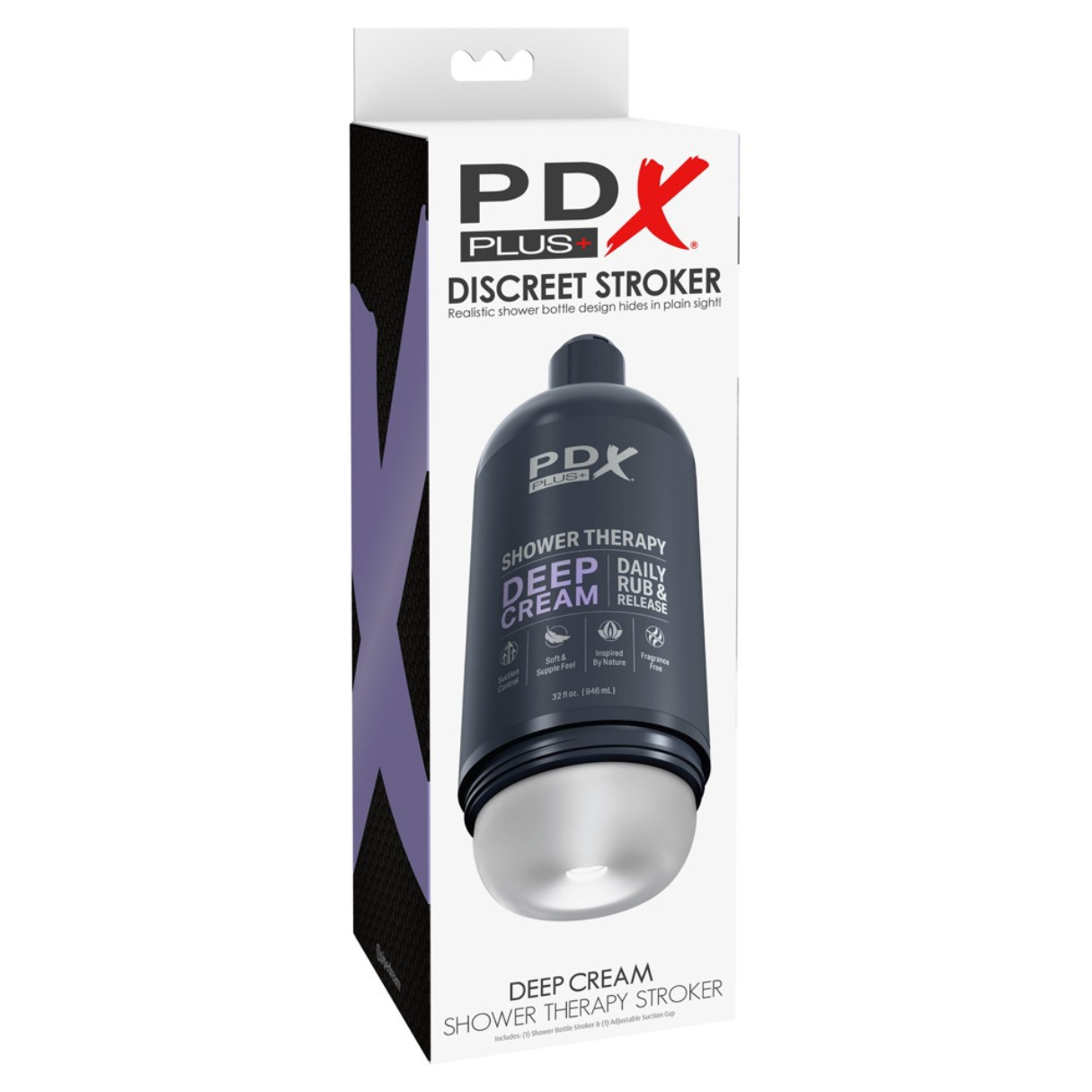 Caja de producto con 'PDX PLUS' y un estroker 'Deep Cream'. La caja es blanca con acentos negros y morados. El producto es cilíndrico.