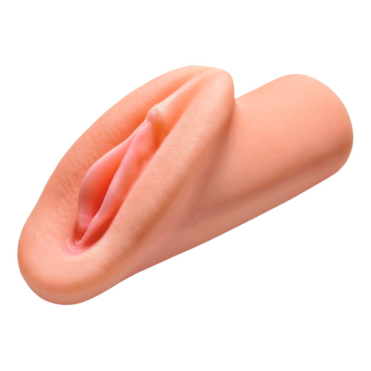 Eine fleischfarbene künstliche Vulva mit inneren rosa Falten und äußeren Schamlippen, isoliert auf weißem Hintergrund. Es ist ein Sexspielzeug.