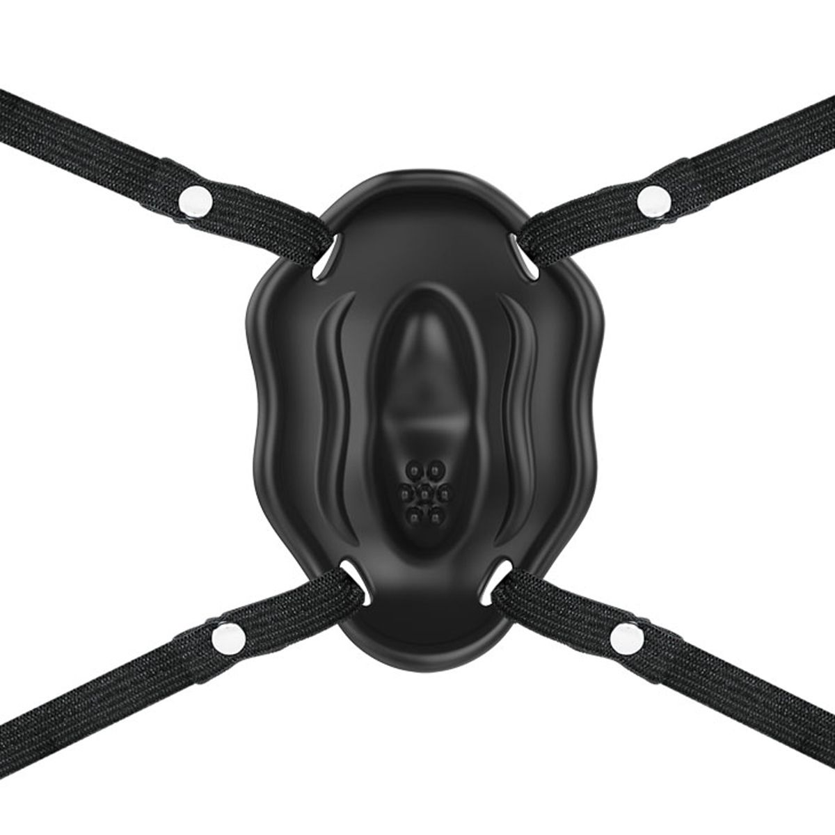 Eine schwarze Augenmaske mit vier elastischen Riemen. Weiße Knöpfe befestigen die Riemen an der Maske. Die Maske hat ein zentrales, geriffeltes Design.