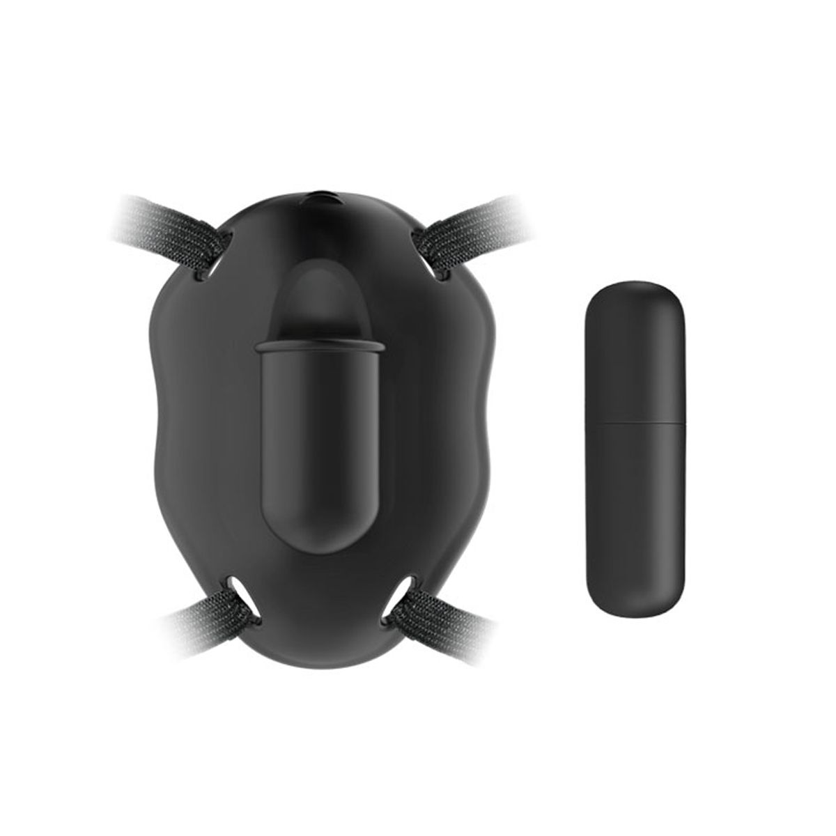 Schwarze Gesichtsmaske mit Riemen und ein separates, zylindrisches Objekt. Alle Gegenstände sind auf weißem Hintergrund.