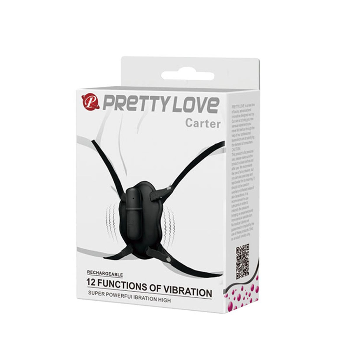 Eine weiße Box mit einem schwarzen Sexspielzeug. Auf der Box stehen die Worte 'PRETTY LOVE' und 'Carter'. Es steht '12 Vibrationsfunktionen'.