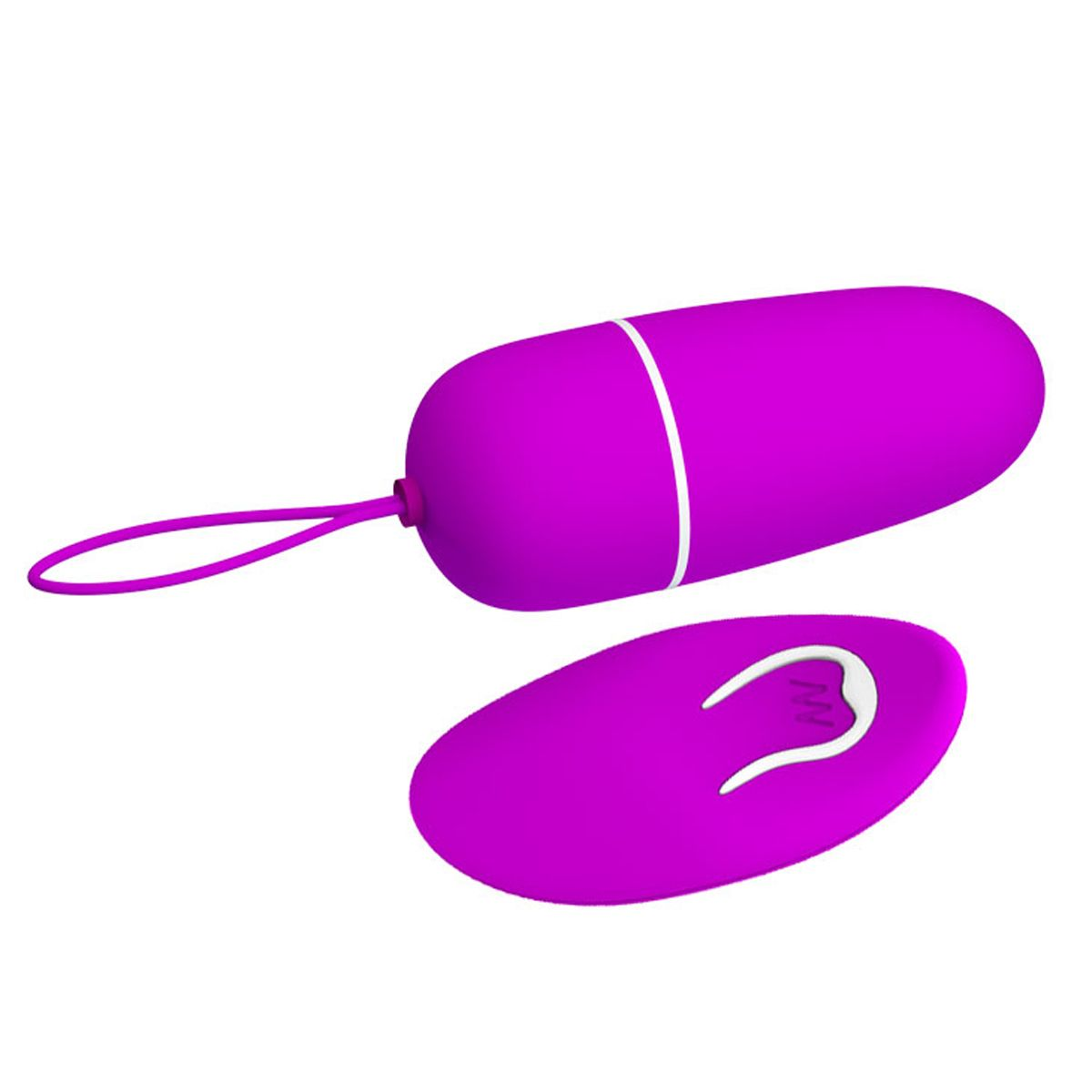 Ein lila Sexspielzeug mit weißer Linie, Schlaufe und Bedienfeld. Es befindet sich auf weißem Hintergrund.
