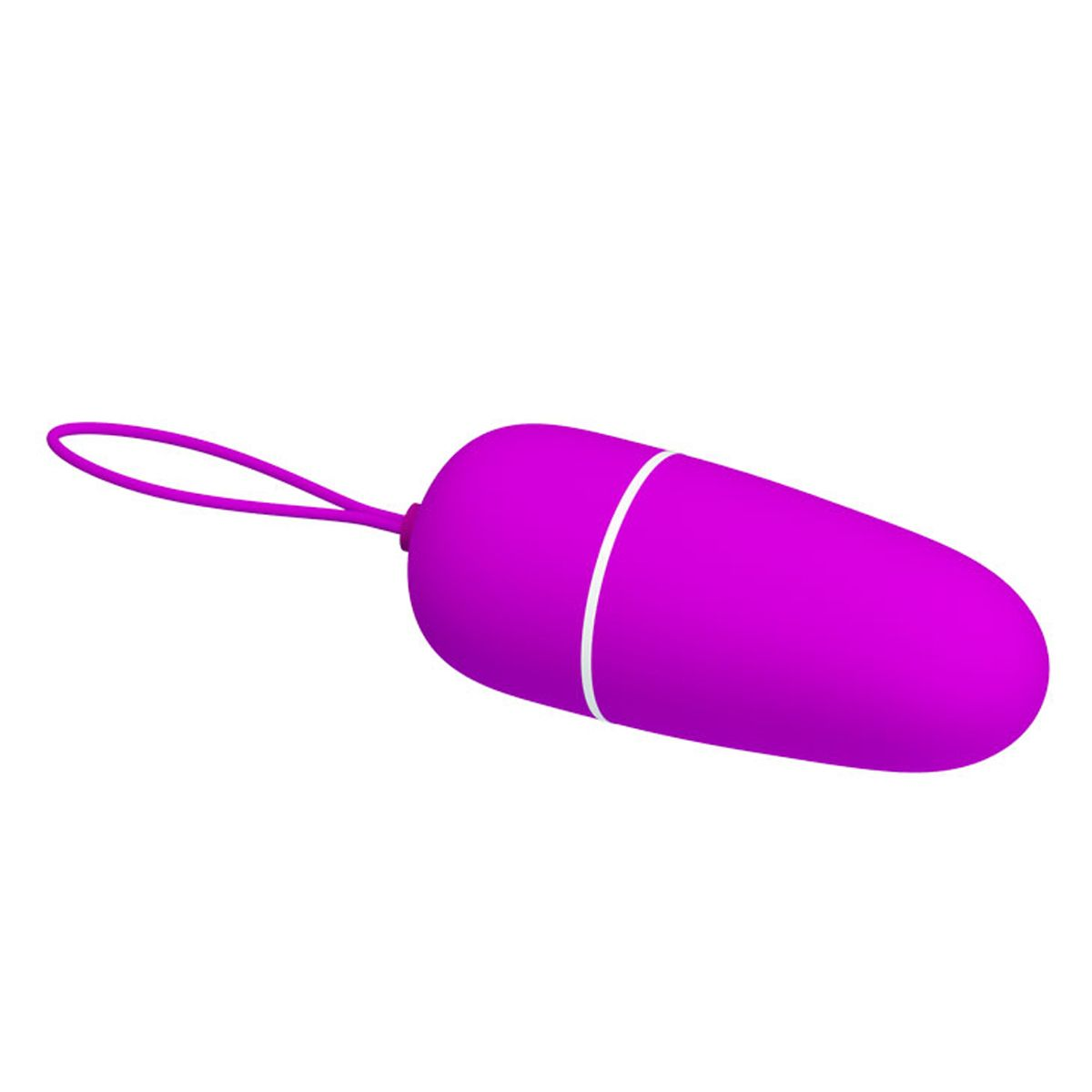 Ein lila Vibrator mit weißem Streifen und Schlaufe vor weißem Hintergrund.