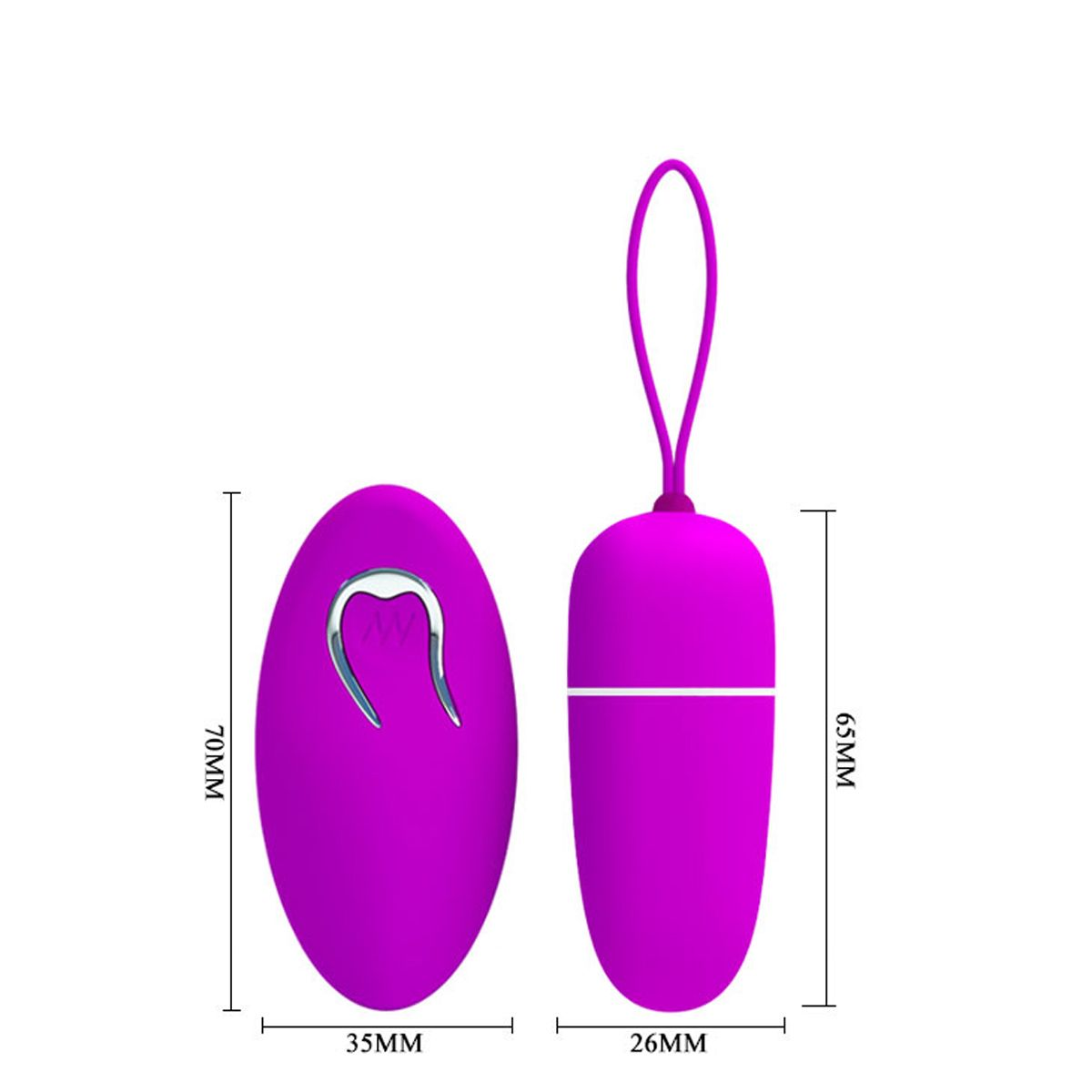 Zwei lila Sexspielzeuge, eines oval mit silbernem Design, das andere zylindrisch mit Schlaufe, Maße in Millimetern angegeben.