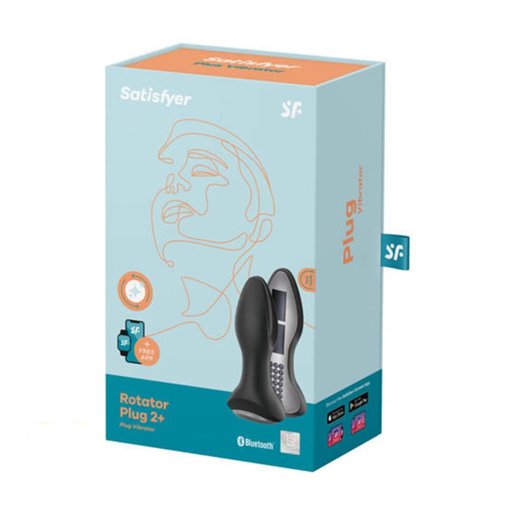 Produktbox für den Satisfyer Rotator Plug 2+, mit einem schwarzen Plug und einer hellblauen Box mit Produktdetails und Branding.