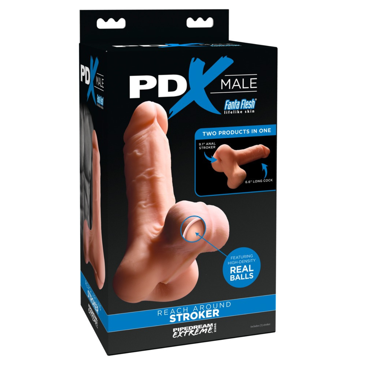 Schachtel mit einem männlichen Stroker mit realistischer Optik. Sie hat ein Hauptprodukt mit einem kleineren darin. Die Verpackung ist schwarz und blau.