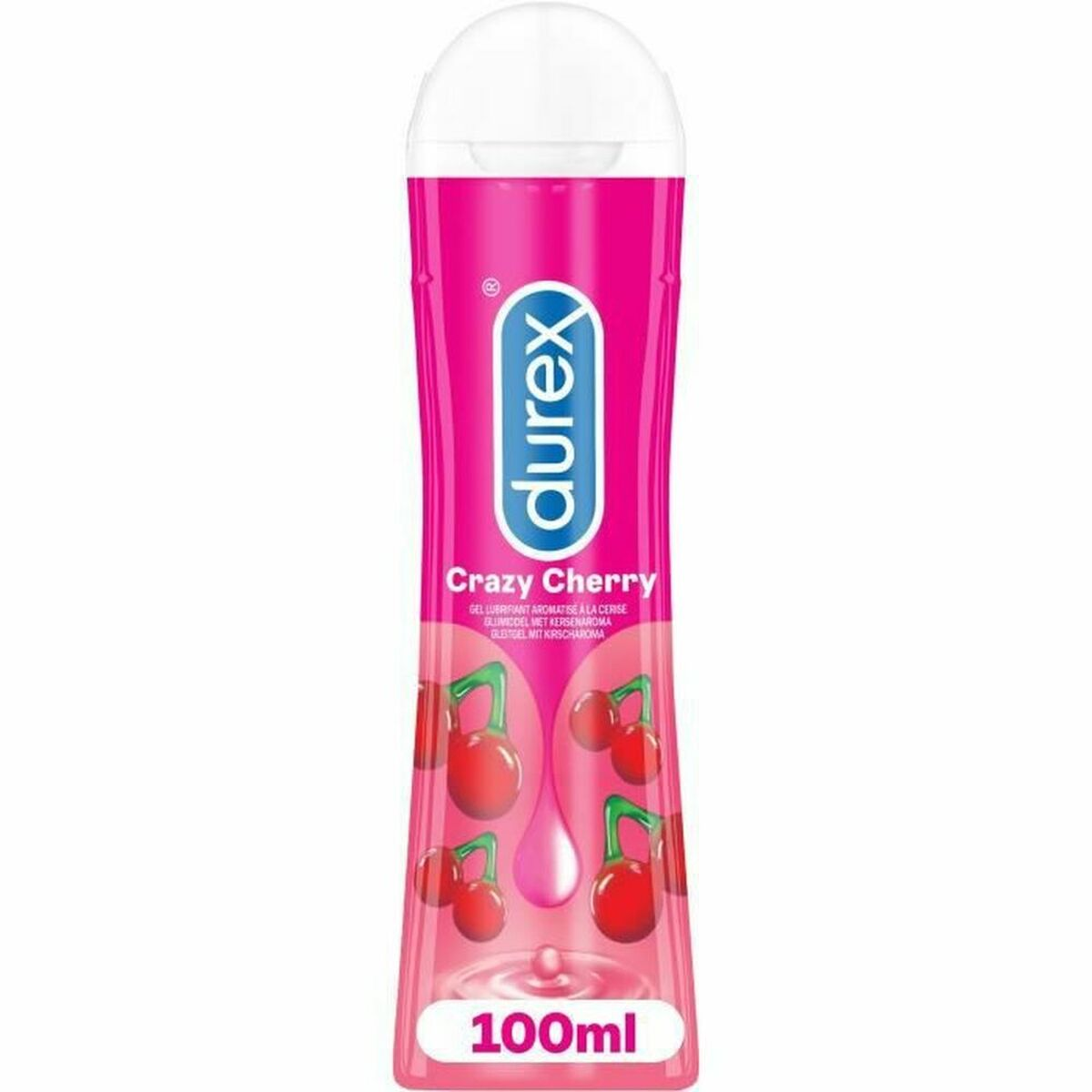 Eine rosa Durex Crazy Cherry Gleitmittelflasche. Sie hat Kirschen und liest '100ml'.
