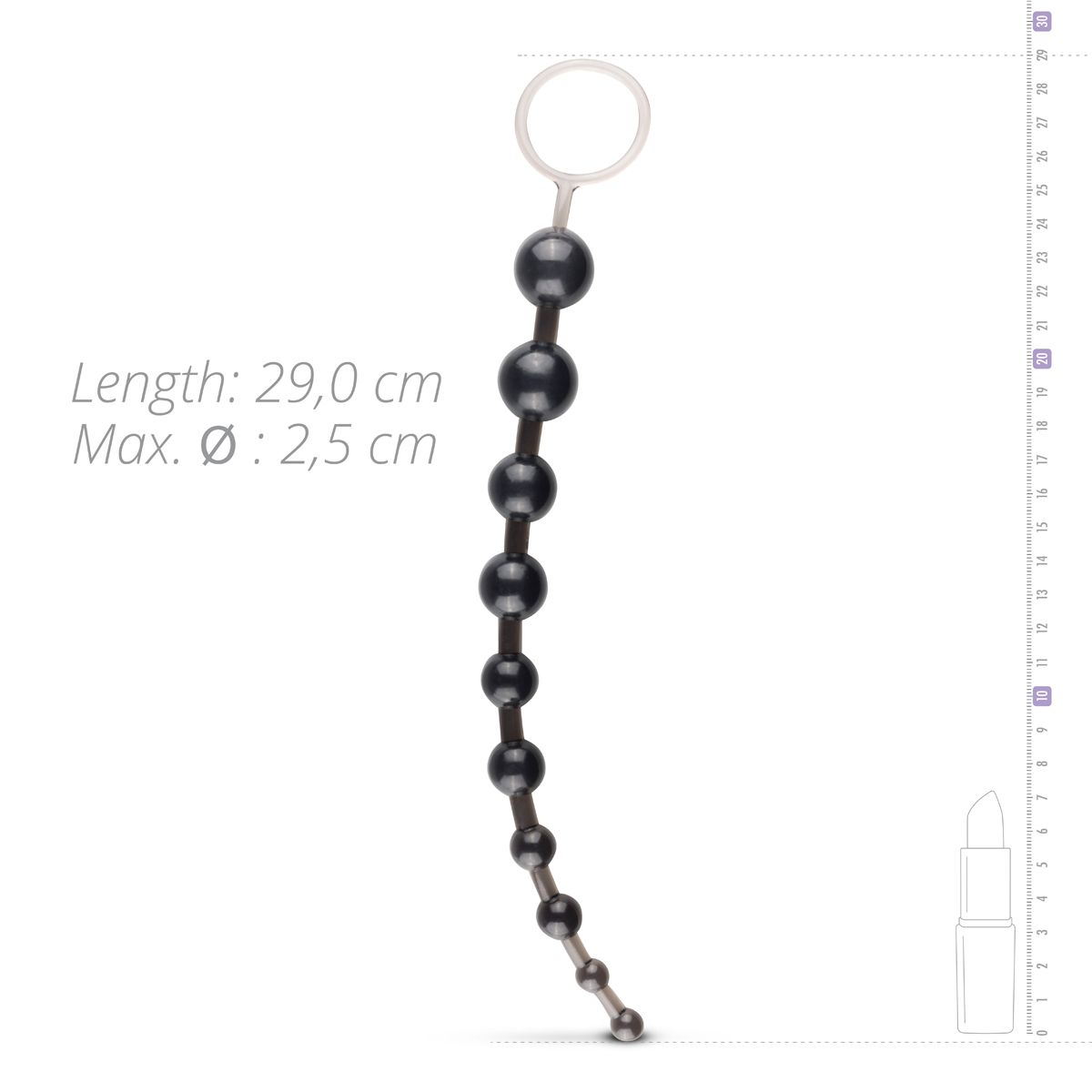 Dunkelgraues Anal-Bead-Spielzeug mit Ring. Länge 29 cm, max. Durchmesser 2,5 cm. Ein Lineal und Lippenstift im Hintergrund.