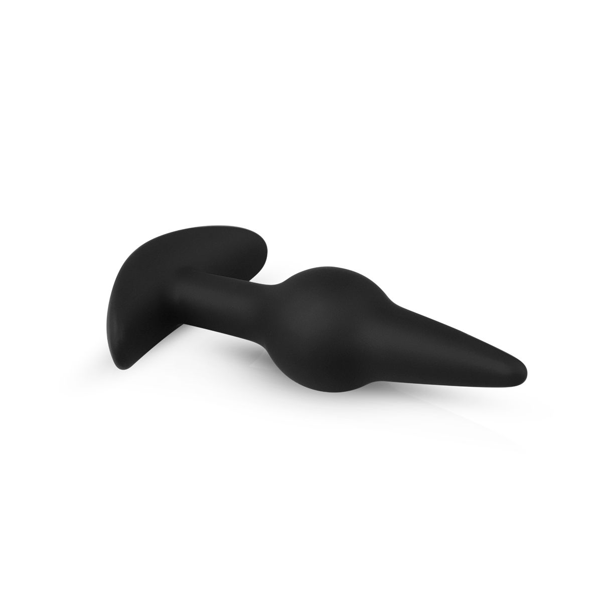 Ein schwarzer, glatter Anus-Plug auf weißem Hintergrund. Er hat einen gebogenen Griff und einen verjüngten, abgerundeten Körper.