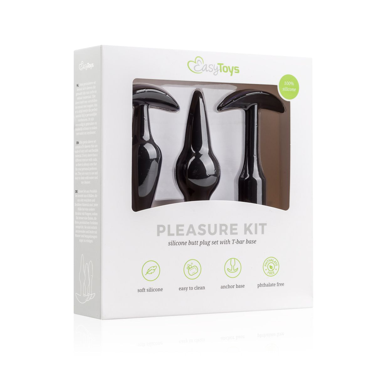 Eine weiße Box mit drei schwarzen Analplug. Text: Pleasure Kit, Silikon-Butt-Plug-Set. Logos: weiches Silikon, leicht zu reinigen, Ankerbasis, phthalatfrei.
