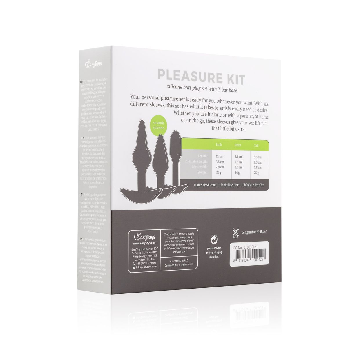 Verpacktes Vergnügungskit mit Silikon-Butt-Plugs. Text und Produktdetails sind sichtbar. Hintergrund ist weiß.