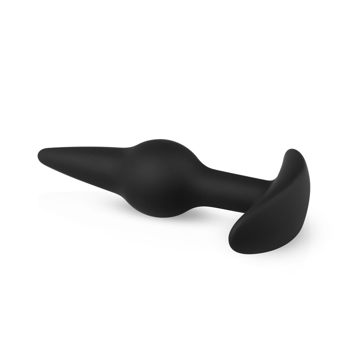 Ein schwarzer Anus-Plug liegt auf einer weißen Oberfläche. Er hat ein spitzes Ende, eine bauchige Mitte und eine gebogene Basis.