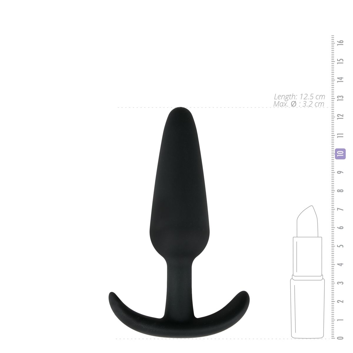 Schwarzer Analplug mit T-Form. Ein Lineal zeigt die Länge und den Durchmesser. Lippenstift zum Größenvergleich.