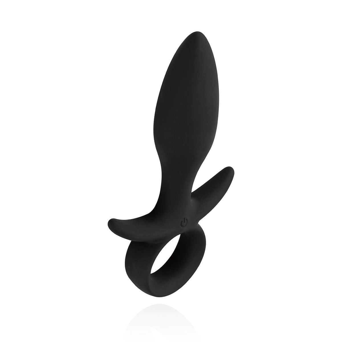 Ein schwarzes Sexspielzeug auf weißem Hintergrund. Es hat einen abgerundeten, länglichen Kopf, einen gebogenen Griff und einen Ringfuß.