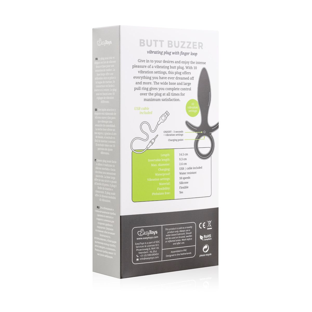 Box mit Text und einem Analplug mit Fingerschlaufe. Enthält Produktdetails und Spezifikationen.