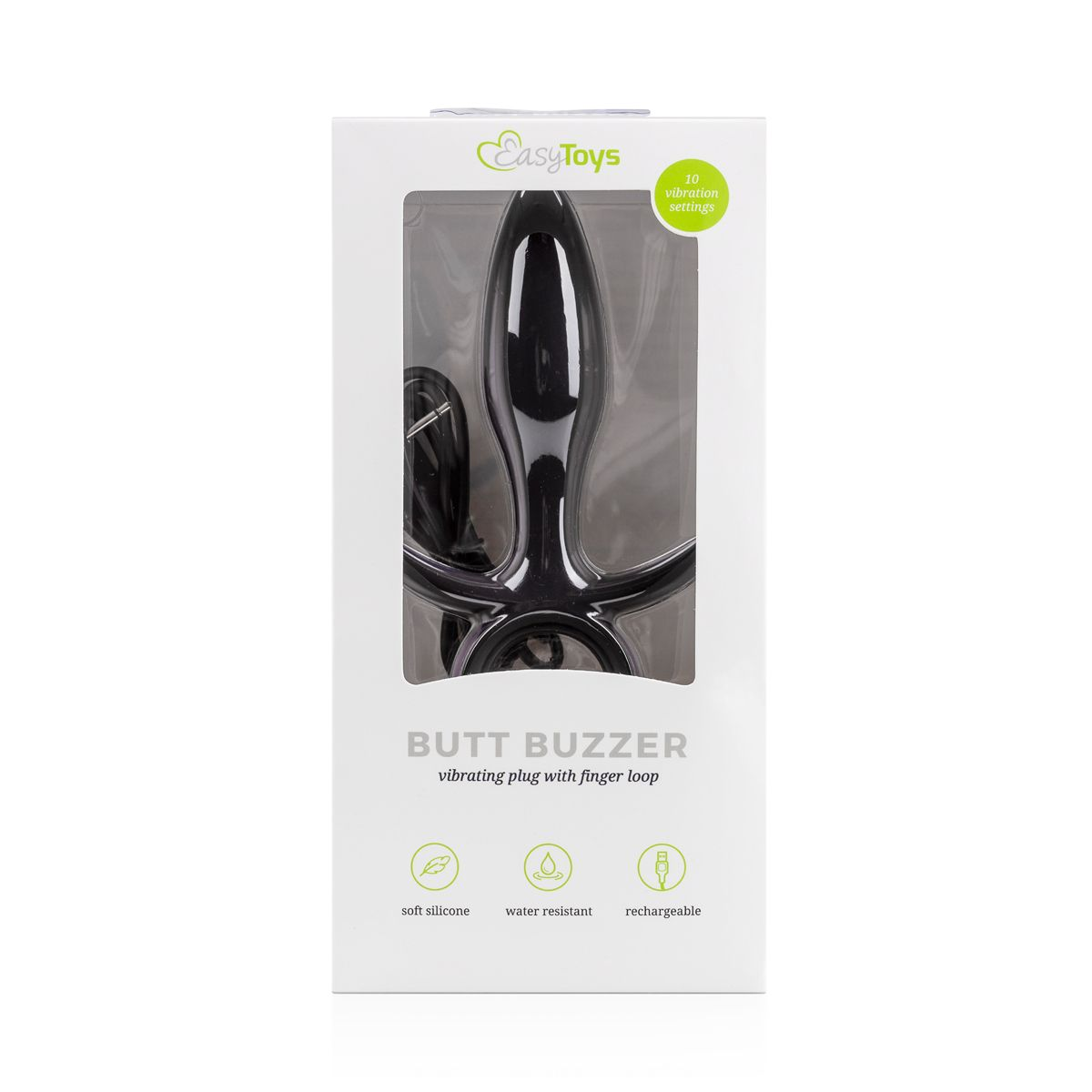 Ein schwarzer Po-Plug mit Fingerschlaufe wird in einer weißen Schachtel gezeigt. Die Schachtel hat Text, der darauf hinweist, dass sie vibriert und 10 Einstellungen hat.