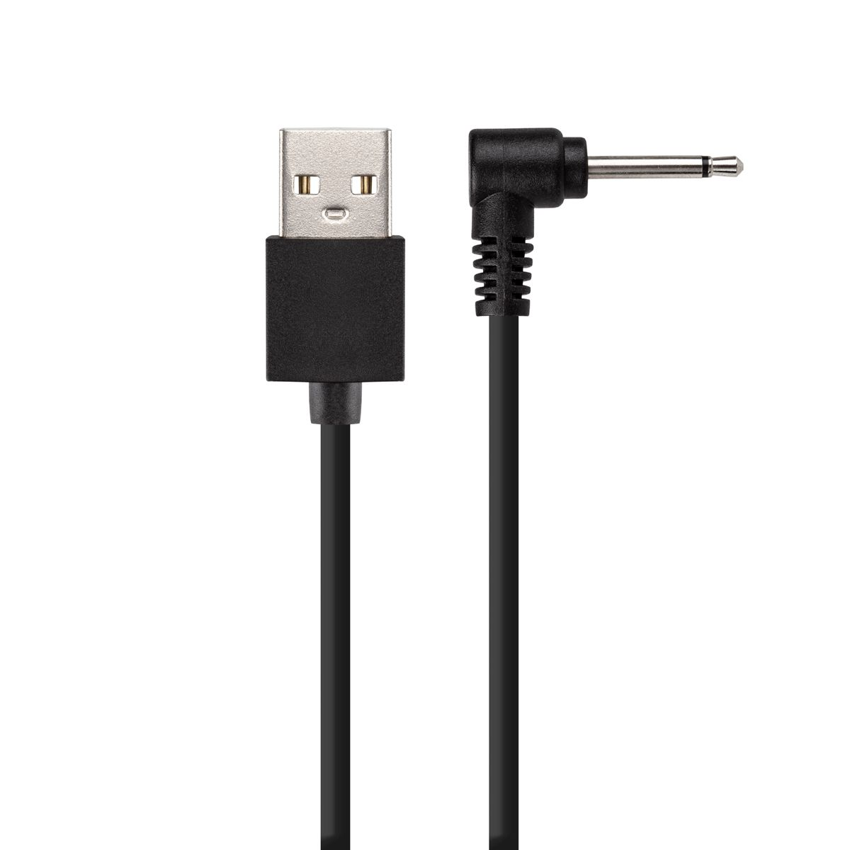 Ein schwarzes USB-zu-Audiokabel. Das USB-Ende ist gerade, das Audio-Jack-Ende ist abgewinkelt. Beide Enden und das Kabel sind schwarz.