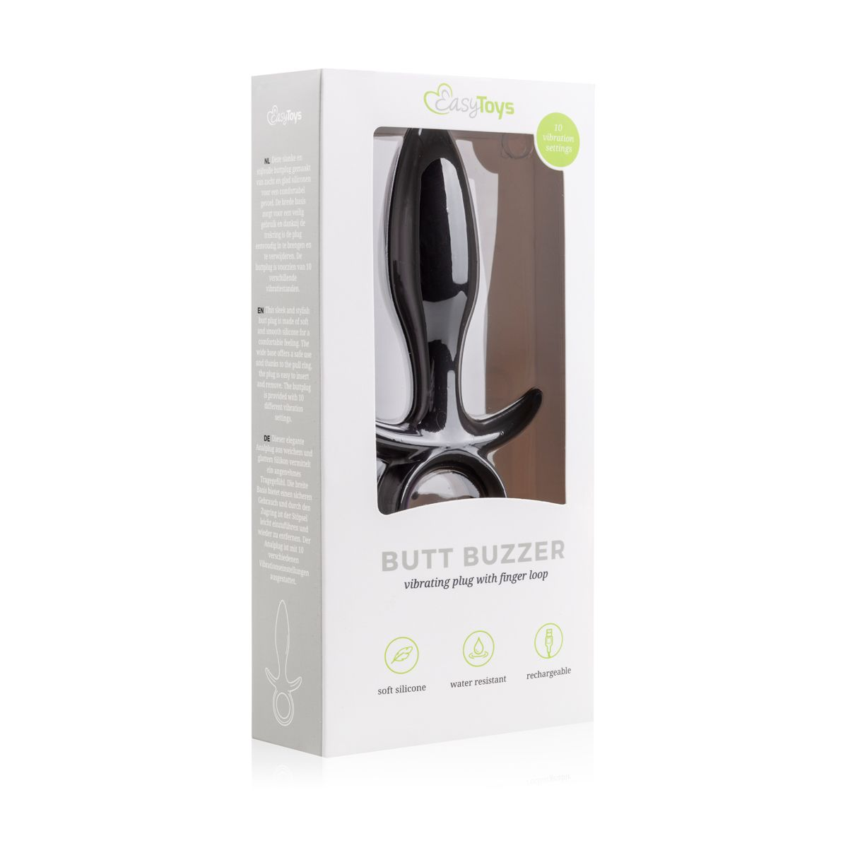 Ein schwarzer Buttplug in einer weißen Box. Auf der Box steht 'BUTT BUZZER'. Es besteht aus weichem Silikon, ist wasserdicht und wiederaufladbar.