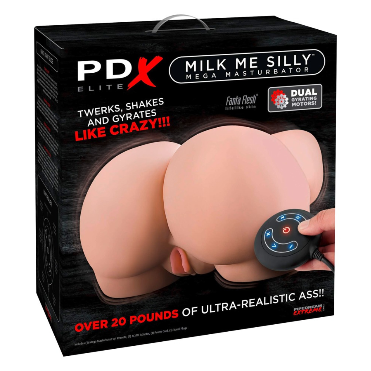 Una caja de producto muestra un masturbador en forma de trasero, el texto dice: Milk me Silly, twerks, shakes, gyrates. Más de 20 libras de trasero ultra realista.