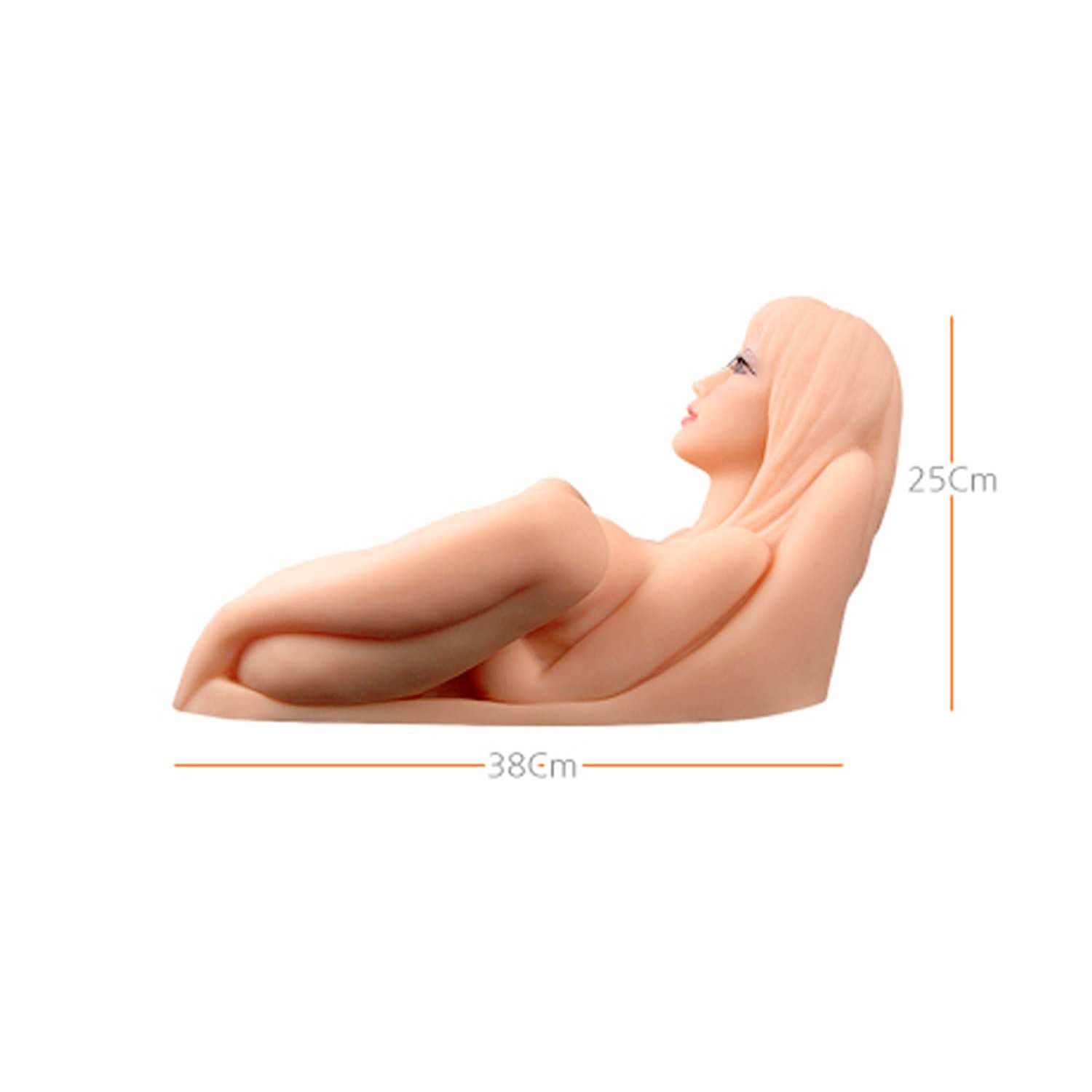 Ein anatomisches Modell in Hautfarbe einer liegenden weiblichen Figur, mit den Maßen: 38 cm lang und 25 cm hoch, auf weißem Hintergrund.