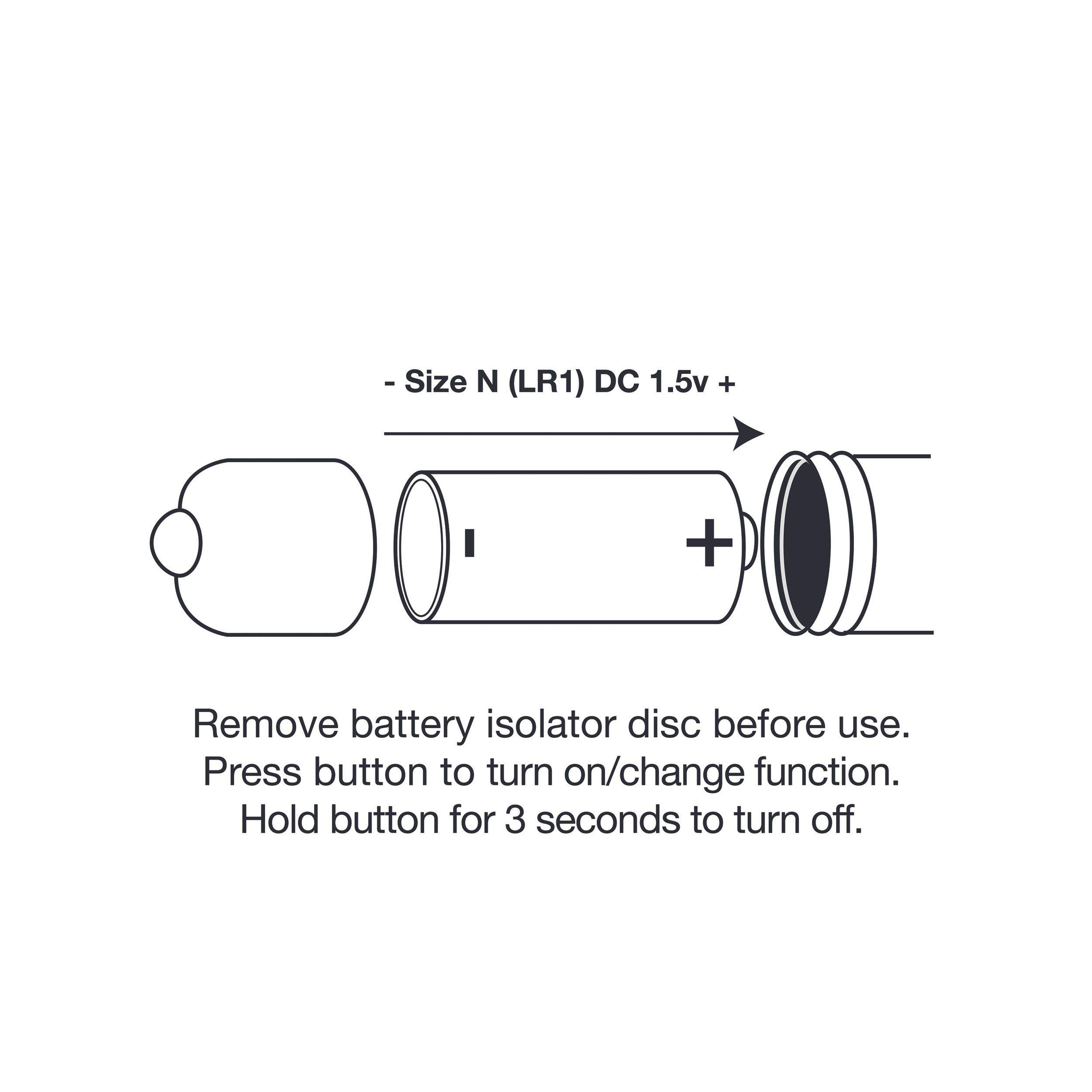 Diagramm zeigt Batterie mit Anweisungen: Isolatorscheibe entfernen, Taste drücken zum Ein-/Ausschalten/Funktionswechsel.