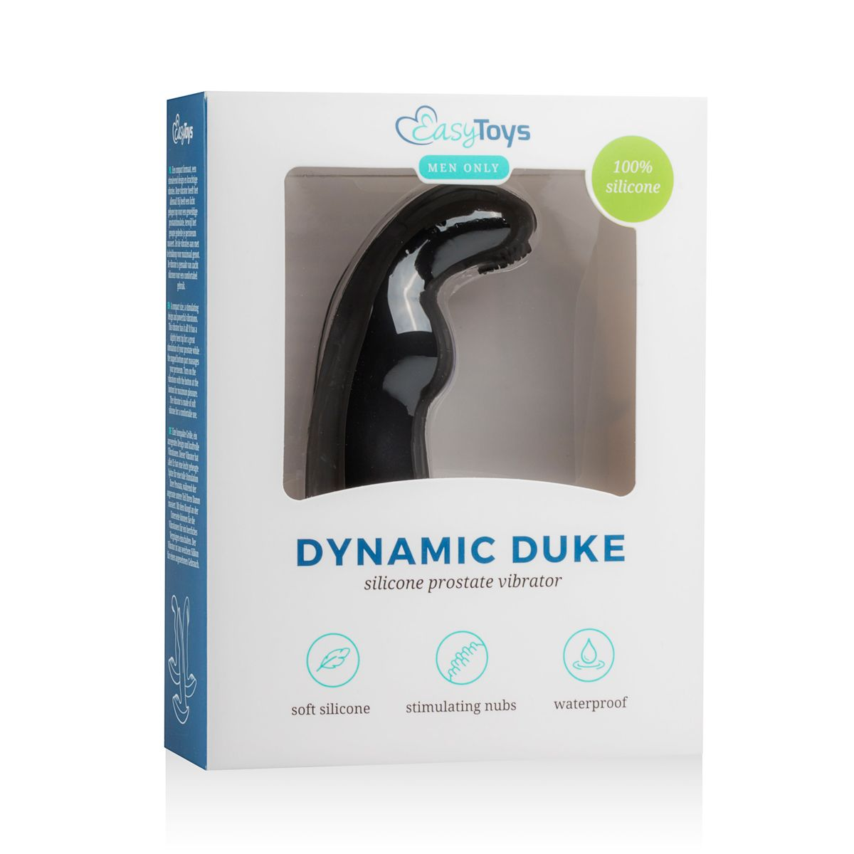 Ein schwarzer Silikon-Prostata-Vibrator, beschriftet mit 'Dynamic Duke', in einer weißen Schachtel mit 'EasyToys'-Branding.