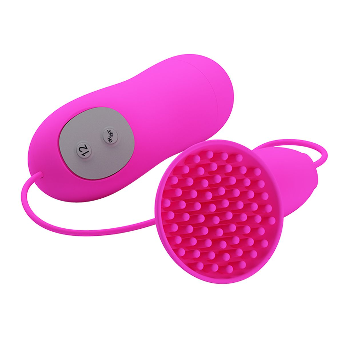 Ein pinkfarbenes Sexspielzeug mit abgerundetem Griff und einem kreisförmigen Kopf mit Noppen, verbunden durch ein flexibles Kabel. Ein Knopf mit Zahlen.