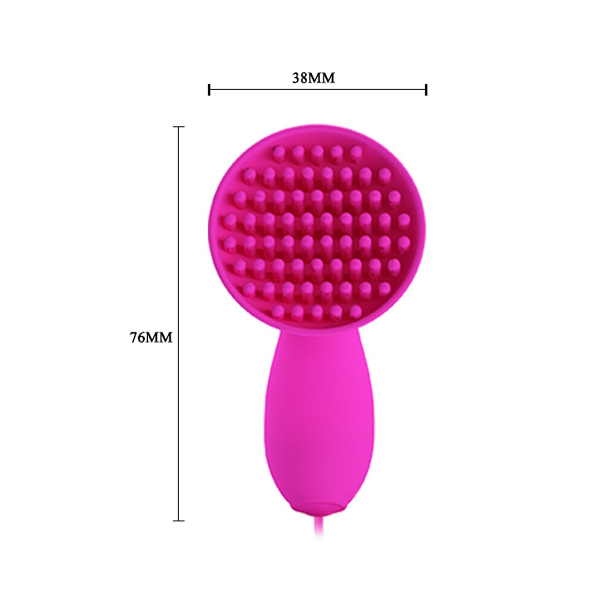 Ein pinkfarbener Vibrator mit einem runden Kopf, der mit kleinen Noppen bedeckt ist, und einem Griff. Maße sind in Millimetern angegeben.