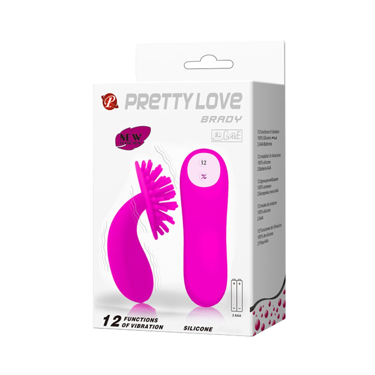 Ein pinkfarbenes Sexspielzeug mit strukturiertem Kopf und glattem, zylindrischem Körper wird auf einer weißen Box gezeigt. Die Box hat Text auf Englisch.
