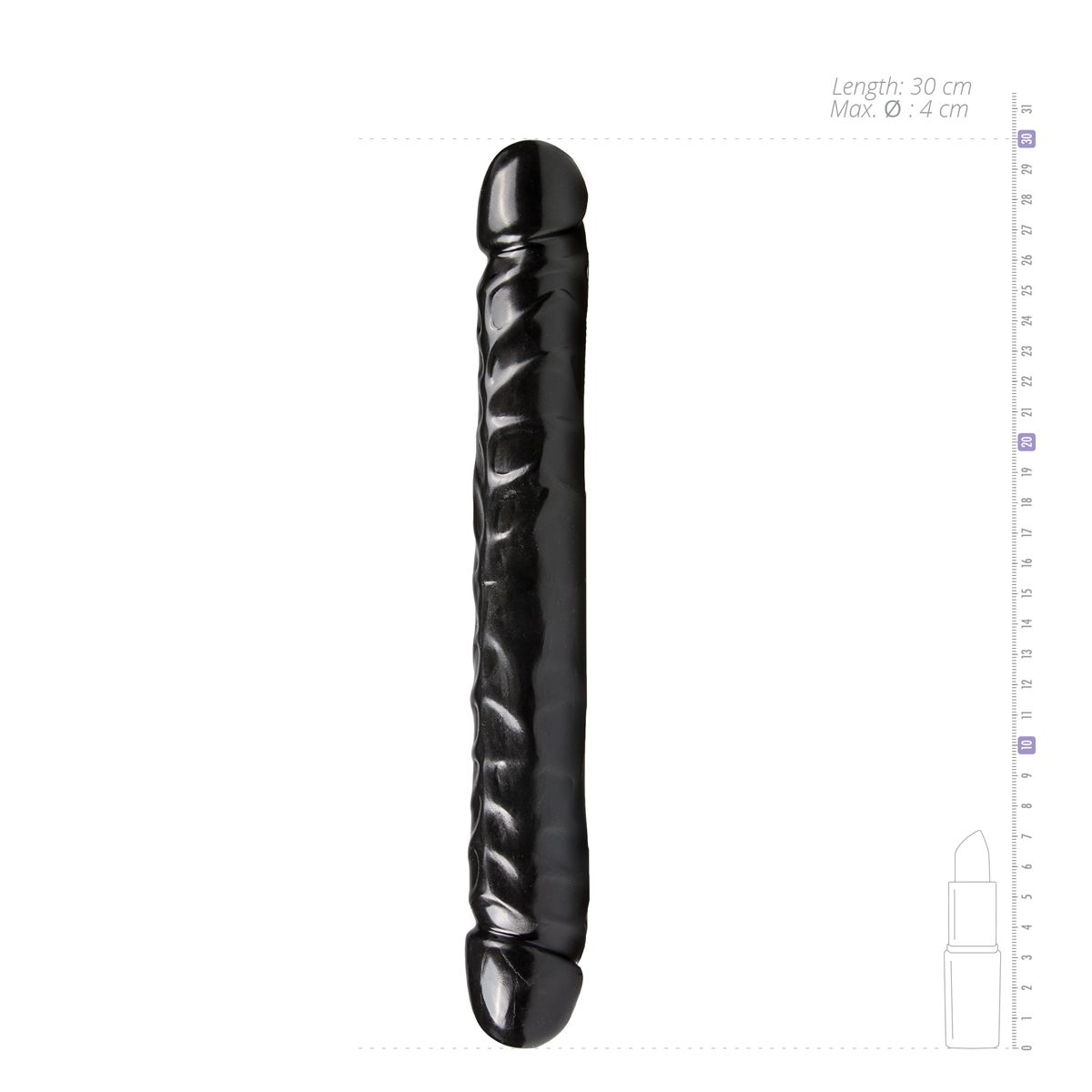 Ein schwarzes Sexspielzeug, 30 cm lang, mit einem Durchmesser von 4 cm. Ein Lineal und Lippenstift daneben zum Größenvergleich.