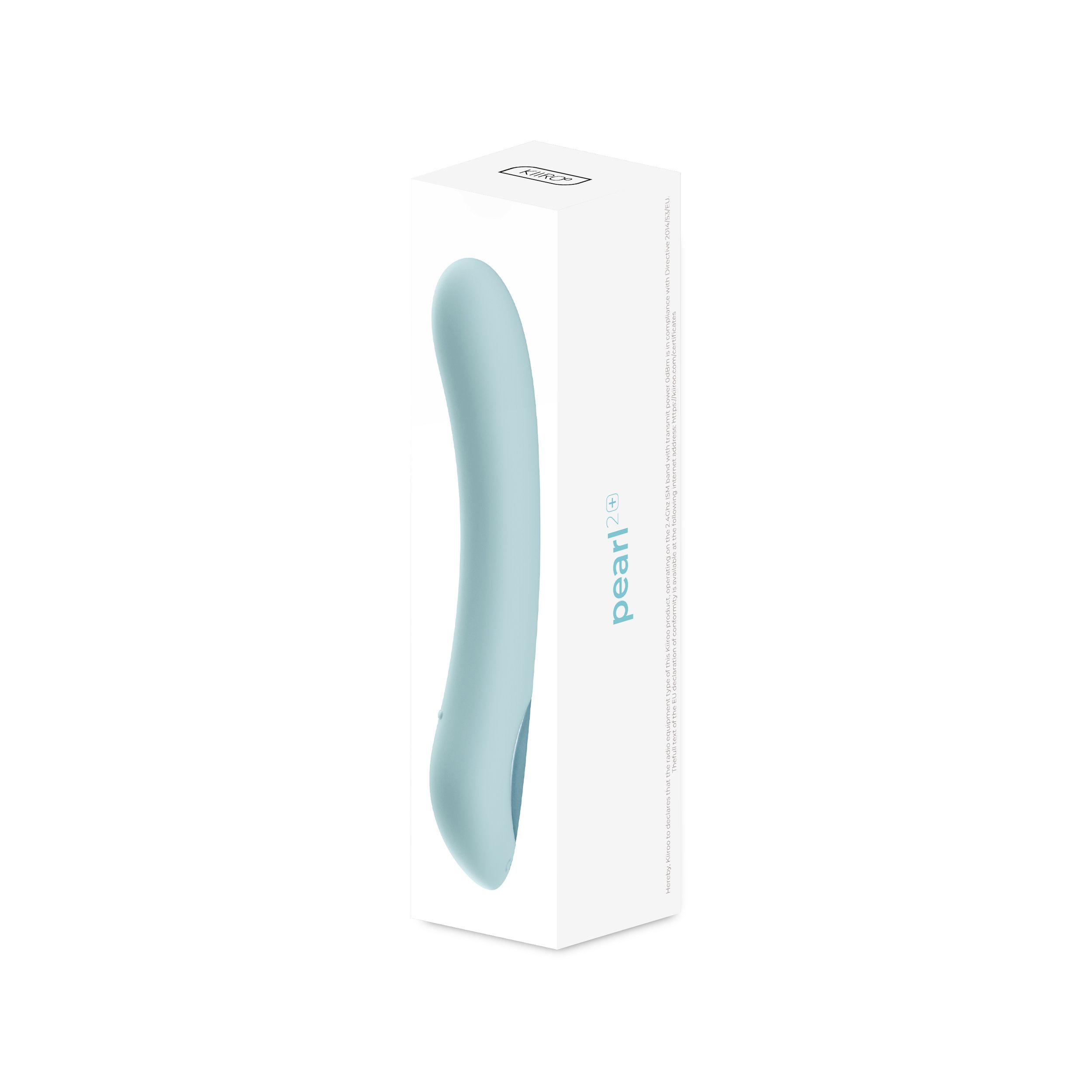 Ein hellblaues Sexspielzeug in einer weißen Schachtel. Die Schachtel trägt den Produktnamen 'pearl2+'.