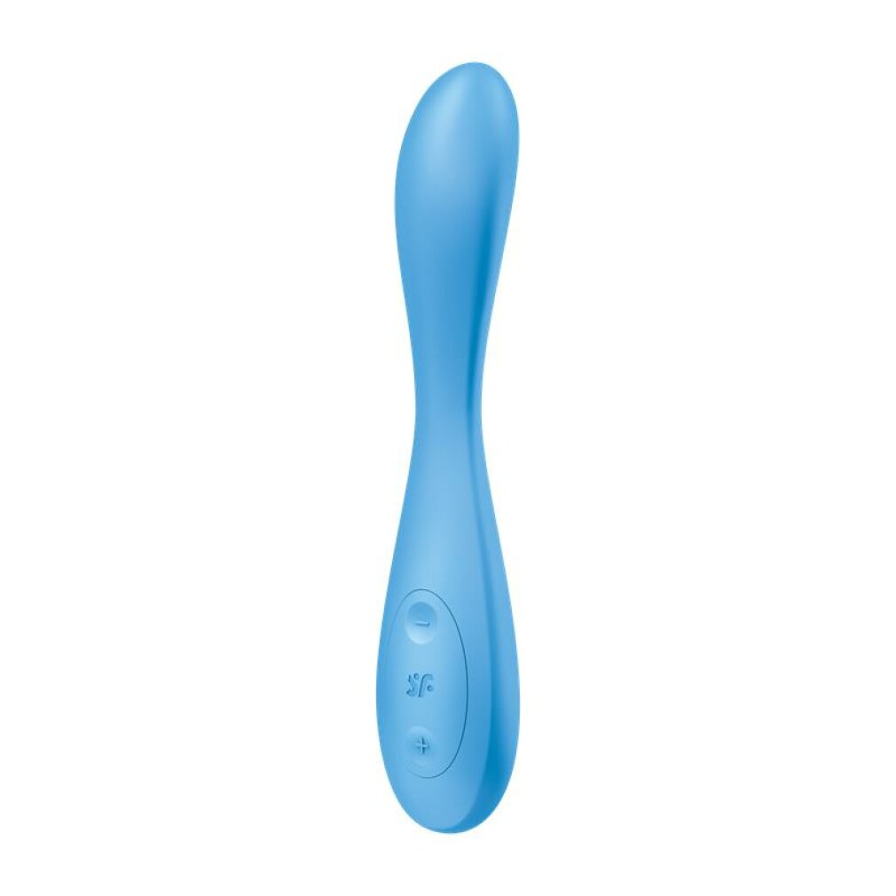 Ein blaues Sexspielzeug. Es hat einen gebogenen Kopf und einen langen, schlanken Griff mit Steuertasten. Der Hintergrund ist weiß.